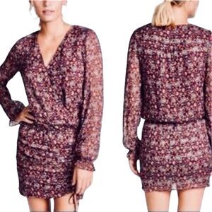 Ramy Brook Burgundy Paisley Print Dress Sz L Long Sleeve Ruched Hem Boho Style